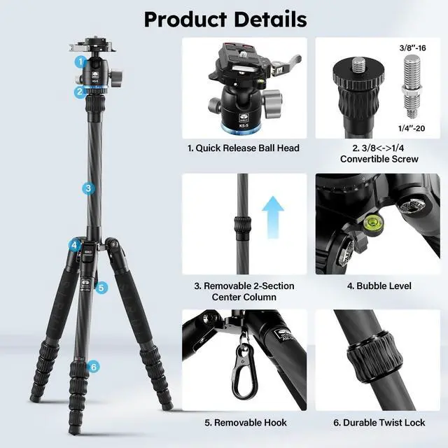Alt view image 2 of 5 - SIRUI Carbon Fiber Travel Tripod - Lightweight 55.1" Compact Tripod with 360 Panorama Ball Head, Quick Release Plate (AM-025K+KS-5)