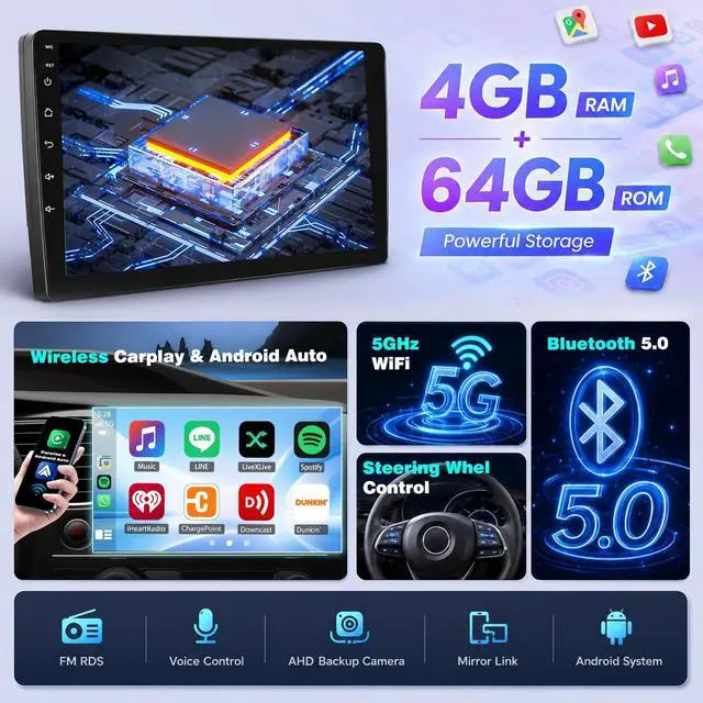 Alt view image 3 of 5 - 4+64G Car Radio for Toyota FJ Cruiser 2006-2020 Wireless Carplay Android Car Stereo, 9 Inch Touschscreen with Android Auto 5G WiFi GPS Navigation AHD Backup Camera FM RDS Radio Receiver