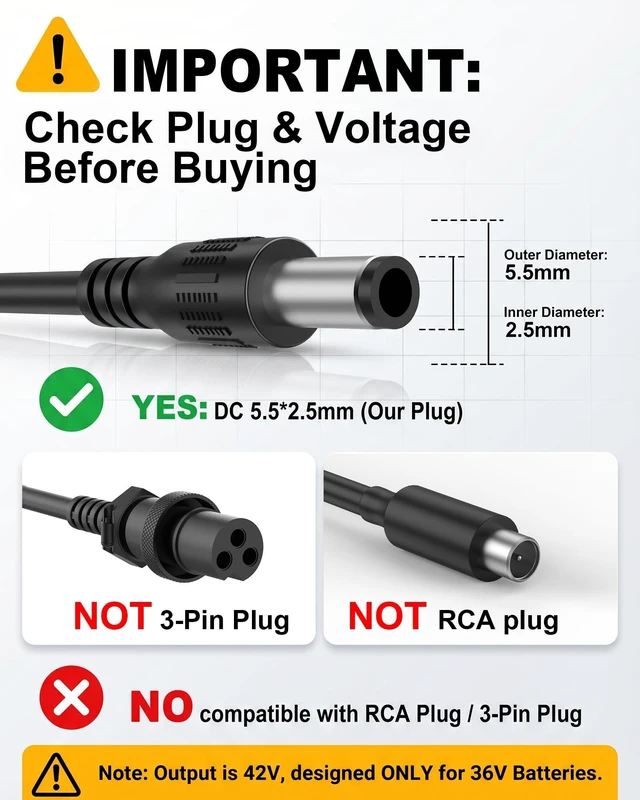 Alt view image 4 of 5 - VHBW 42V 2A Charger Compatible with Jasion EB5 Electric Bike 5.5x2.5mm