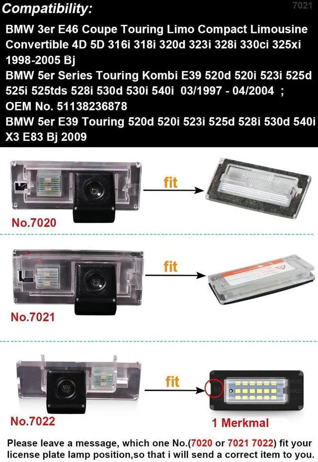 Alt view image 2 of 5 - Waterproof Car Rear View Camera 170 Wide Angle Night Visions Backup Reversing Parking Camera replacememt for BMW 3er E46 316i 318d 318i 320d 320i 323i 325i 325xi 328i 330d 330i 330xd (No.7021)