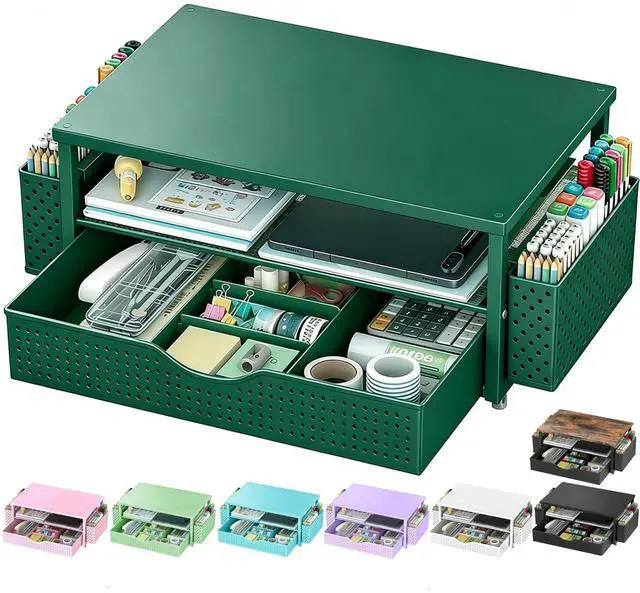 Main image of Spacrea Desk Organizer and Accessories, Computer Monitor Stand Riser with Drawer and 2 Pen Holders, Office Desk Accessories & Workspace Organizers for Office Supplies (Dark Green)