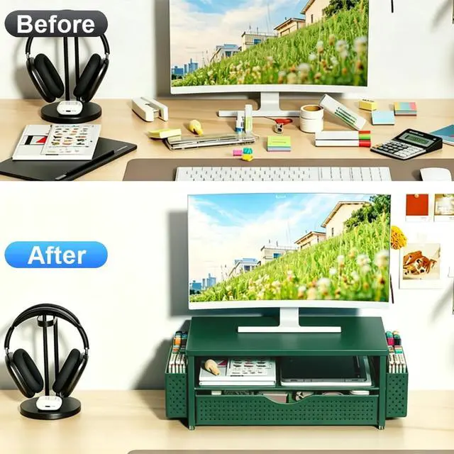 Alt view image 2 of 5 - Spacrea Desk Organizer and Accessories, Computer Monitor Stand Riser with Drawer and 2 Pen Holders, Office Desk Accessories & Workspace Organizers for Office Supplies (Dark Green)