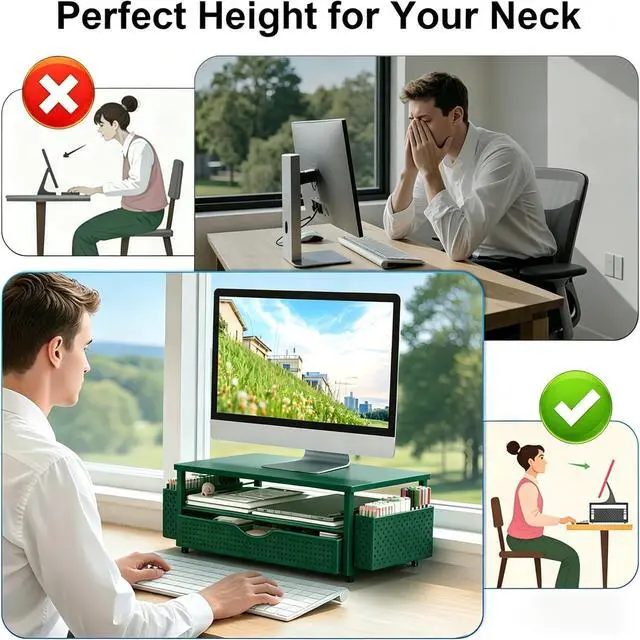 Alt view image 3 of 5 - Spacrea Desk Organizer and Accessories, Computer Monitor Stand Riser with Drawer and 2 Pen Holders, Office Desk Accessories & Workspace Organizers for Office Supplies (Dark Green)