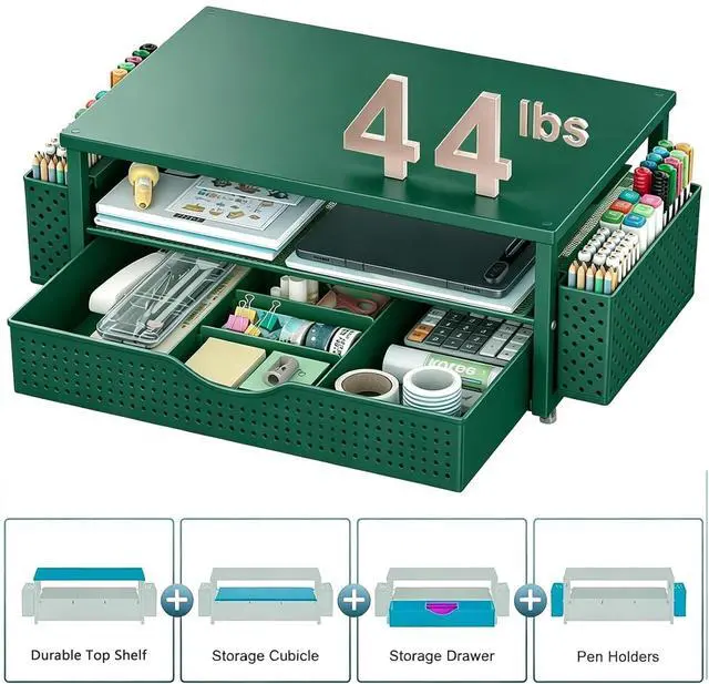 Alt view image 4 of 5 - Spacrea Desk Organizer and Accessories, Computer Monitor Stand Riser with Drawer and 2 Pen Holders, Office Desk Accessories & Workspace Organizers for Office Supplies (Dark Green)