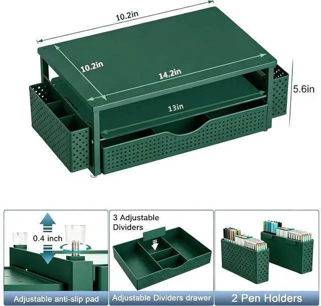 Alt view image 5 of 5 - Spacrea Desk Organizer and Accessories, Computer Monitor Stand Riser with Drawer and 2 Pen Holders, Office Desk Accessories & Workspace Organizers for Office Supplies (Dark Green)