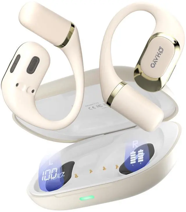 Main image of OHAYO Open Ear Headphones,Earbuds with Ergonomic Earhook,Bluetooth Headphones 5.4 with Smart Digital Display,40H Playtime,IPX6 Waterproof,Touch Control Earphones Fit Cycling,Running,Workout(Beige)