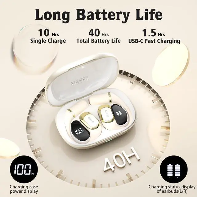 Alt view image 2 of 5 - OHAYO Open Ear Headphones,Earbuds with Ergonomic Earhook,Bluetooth Headphones 5.4 with Smart Digital Display,40H Playtime,IPX6 Waterproof,Touch Control Earphones Fit Cycling,Running,Workout(Beige)
