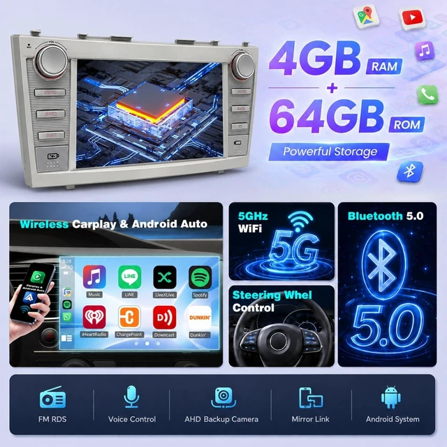 Alt view image 3 of 5 - 4+64G 8 Inch Android Car Radio for Toyota Camry 2007 2008 2009 2010 2011