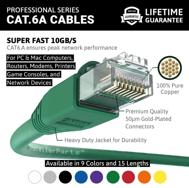 Alt view image 2 of 4 - InstallerParts (10 Pack Ethernet Cable CAT6A Cable UTP Booted 3 FT - Green - Professional Series - 10Gigabit/Sec Network/High Speed Internet Cable, 550MHZ