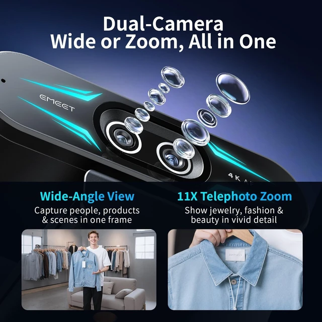 Alt view image 5 of 5 - EMEET C60E Dual 4K Webcam for Streaming with Tripod, Wide-Angle & Telephoto