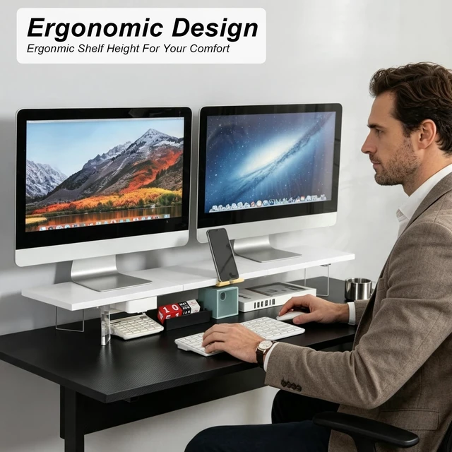 Alt view image 3 of 5 - TEAMIX 39.4 inch Dual Monitor Stand Riser with Storage Drawer, Wood+Acrylic