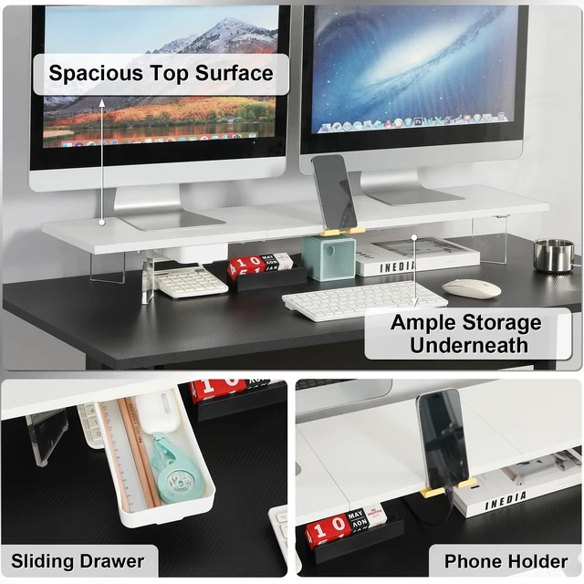 Alt view image 2 of 5 - TEAMIX 39.4 inch Dual Monitor Stand Riser with Storage Drawer, Wood+Acrylic