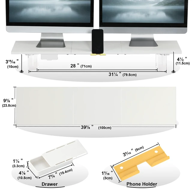 Alt view image 5 of 5 - TEAMIX 39.4 inch Dual Monitor Stand Riser with Storage Drawer, Wood+Acrylic
