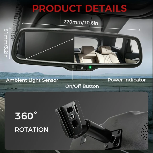 Alt view image 5 of 5 - TevzaTechix 4.3 inch Car Mirror Monitor for Trucks and Vans, Auto-Dimming