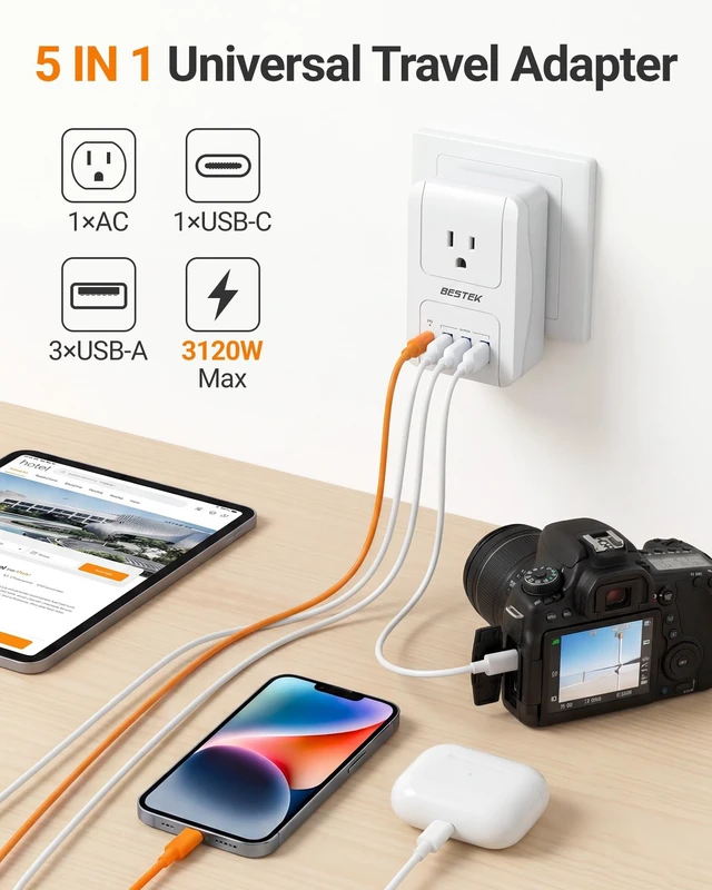 Alt view image 3 of 5 - BESTEK International Travel Adapter, PD 35W USBC Travel Charger with 3 USBA Ports & 1 AC Outlet, MultiPort Travel Power Adapter for US EU UK AU, NO Voltage Conversion