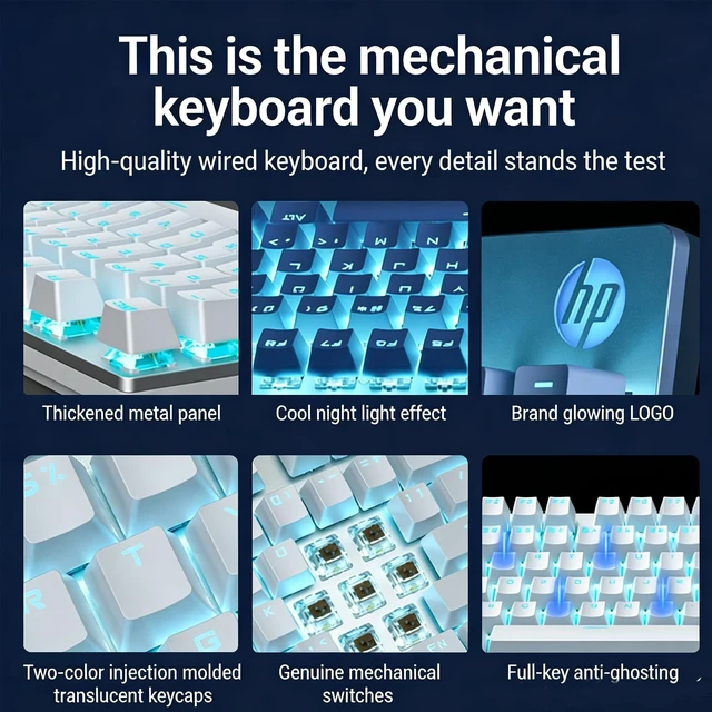 Alt view image 4 of 5 - HP GK400F Mechanical Gaming Keyboard, 104 Keys Wired Keyboard with Brown Switches, Mixed Lighting, Double-Shot ABS Keycaps, for Desktop and Laptop (Glacier Silver)