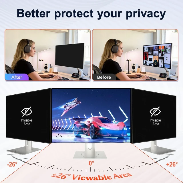Alt view image 2 of 5 - 2 Pack 32 Inch Privacy Screen for Curved Computer Monitor fit 16:9 Aspect Ratio Widescreen Monitor - Anti Glare Blue Light Filter, Anti-Scratch Protector Film