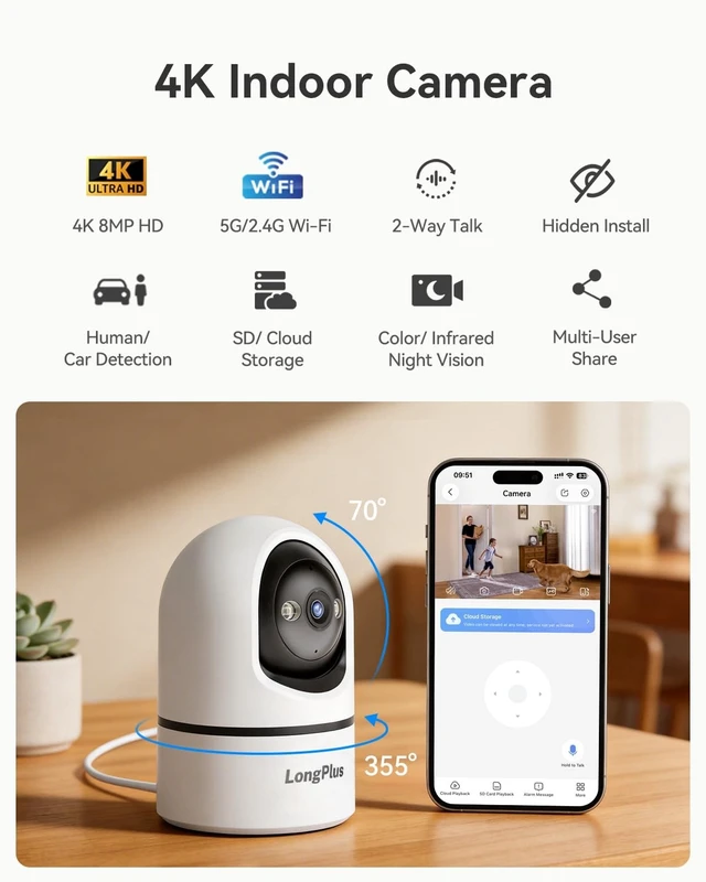 Alt view image 5 of 5 - LongPlus 4K 8MP Indoor Security Camera, Pan Tilt Wi-Fi Pet Baby Monitor
