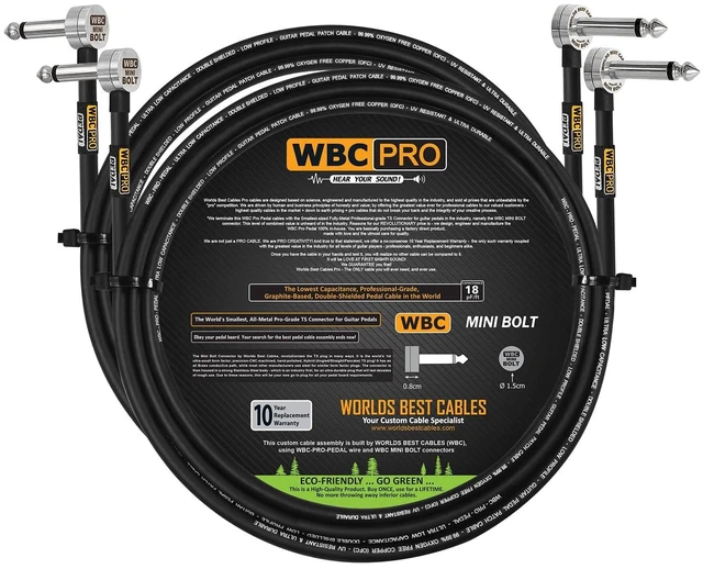 Main image of 2 Units - 6 Foot - WBC-PRO-PEDAL 22 AWG - Low-Cap (18pF/ft) Pro-Grade Graphite-based - Dual-Shielded Pedal, Effects, Patch, instrument cable with WBC MINI BOLT Ultra-Small Angled TS Plugs