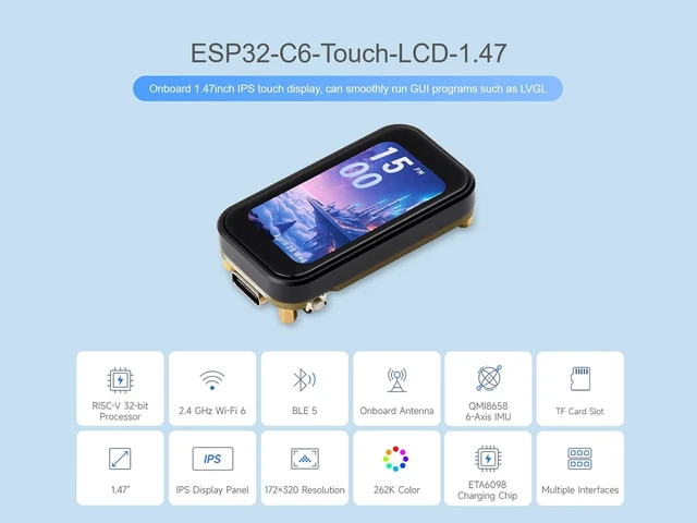 Alt view image 2 of 5 - ESP32-C6 1.47inch LCD Touch Screen Development Board, Onboard 172320 Pixels 262K Color Display, 6-Axis IMU, TF Card Slot, etc. Supports 2.4GHz WiFi 6 and BLE 5, up to 160MHz RISC-V Processor