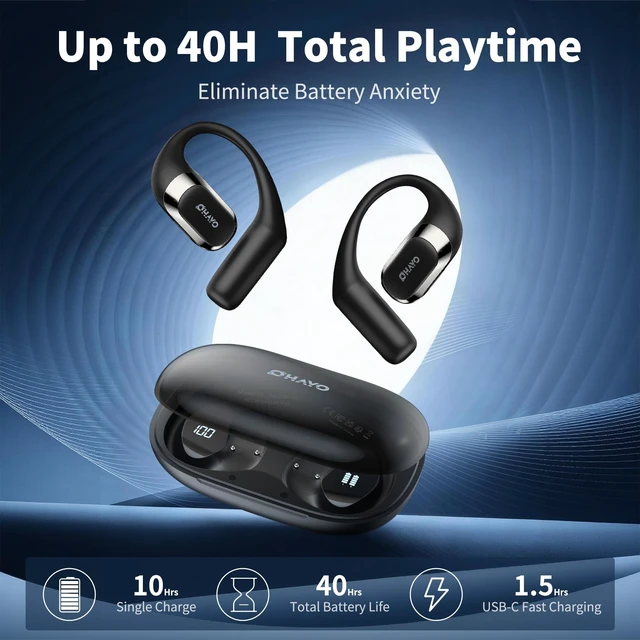 Alt view image 3 of 5 - OHAYO Open Ear Earbuds, Over Ear Earbuds with Ergonomic Earhook, Open Ear Bluetooth Headphones 5.4 with Smart Digital Display, 40H Playtime, IPX6 Waterproof, Suitable for Cycling, Running, and Working