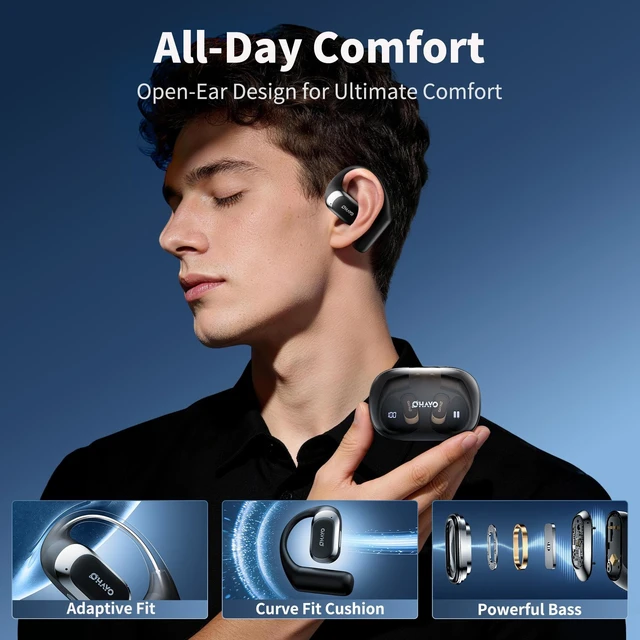 Alt view image 2 of 5 - OHAYO Open Ear Earbuds, Over Ear Earbuds with Ergonomic Earhook, Open Ear Bluetooth Headphones 5.4 with Smart Digital Display, 40H Playtime, IPX6 Waterproof, Suitable for Cycling, Running, and Working