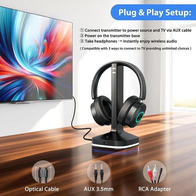 Alt view image 2 of 5 - Earbay Wireless Headphones for TV, TV Headphones, Headphone for TV, NoDelay OverEar Wireless Headset for Seniors, 3 Audio Modes, with Transmitter Charging Base, Gifts for Parents/Elderly