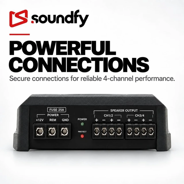 Alt view image 4 of 5 - Soundfy SA 400.4 400W RMS 4-Channel Car Amplifier - 2 Ohm Stable Full Range Class D Car Audio Amp, Bridgeable, Built-in LPF/HPF Crossover, MOSFET Power Supply, Compact Under-Seat