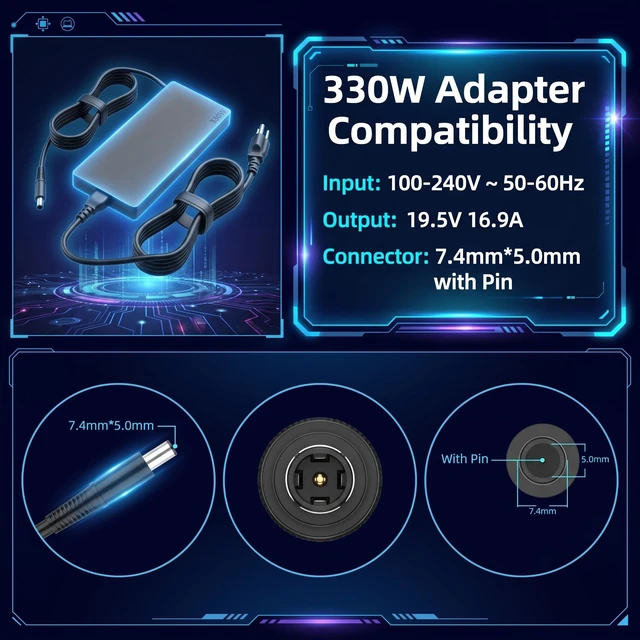 Alt view image 3 of 5 - FSJTD 330W 7.4mm Tip Laptop Charger, Compatible with Dell Alienware Series