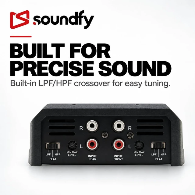 Alt view image 3 of 5 - Soundfy SA 400.4 400W RMS 4-Channel Car Amplifier - 2 Ohm Stable Full Range Class D Car Audio Amp, Bridgeable, Built-in LPF/HPF Crossover, MOSFET Power Supply, Compact Under-Seat