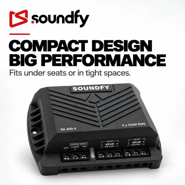 Alt view image 2 of 5 - Soundfy SA 400.4 400W RMS 4-Channel Car Amplifier - 2 Ohm Stable Full Range Class D Car Audio Amp, Bridgeable, Built-in LPF/HPF Crossover, MOSFET Power Supply, Compact Under-Seat