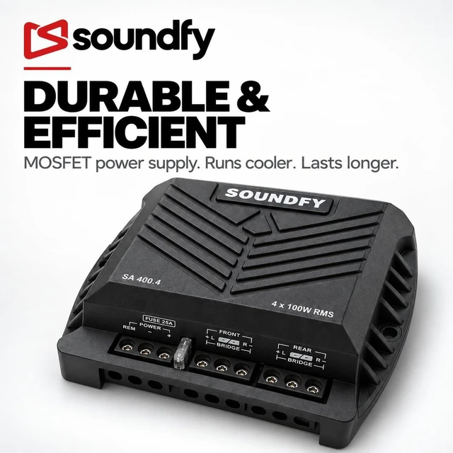 Alt view image 5 of 5 - Soundfy SA 400.4 400W RMS 4-Channel Car Amplifier - 2 Ohm Stable Full Range Class D Car Audio Amp, Bridgeable, Built-in LPF/HPF Crossover, MOSFET Power Supply, Compact Under-Seat