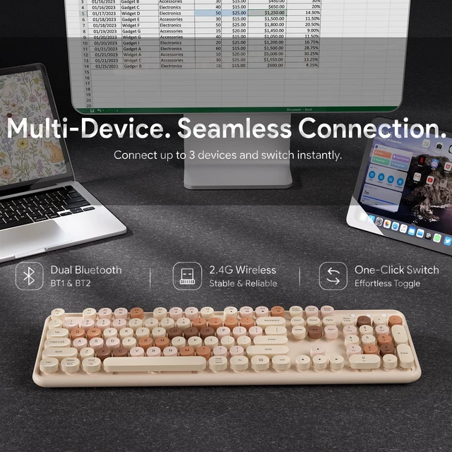 Alt view image 5 of 5 - Wireless Bluetooth Keyboard, Colorful Round Keycaps (Milk-Tea Colorful)