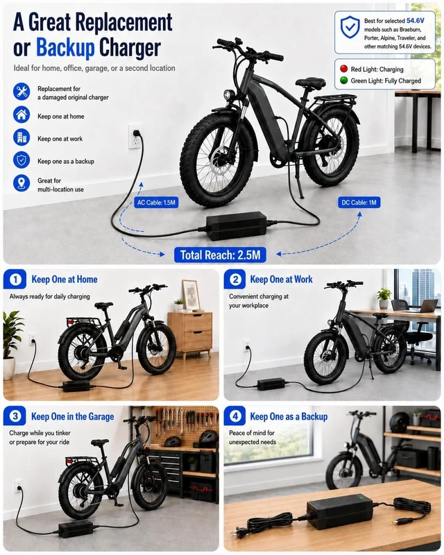 Alt view image 5 of 5 - VHBW 54.6V 2A E-Bike Charger Compatible with Rad Power Bikes