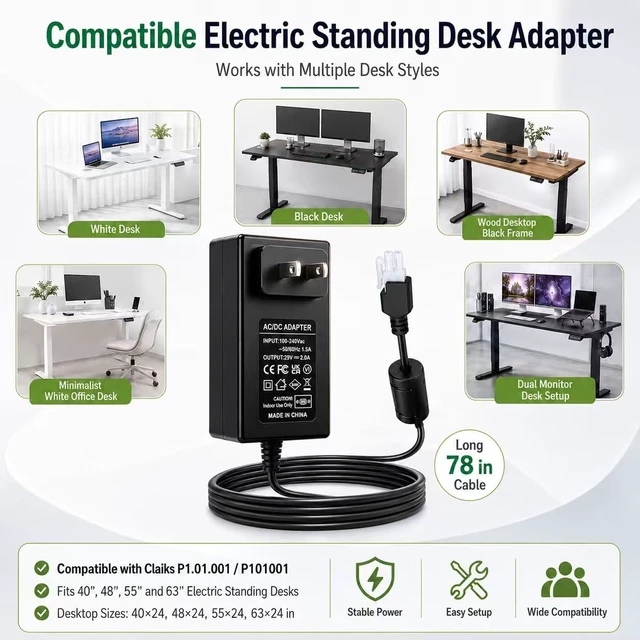 Alt view image 2 of 5 - 29V Adjustable Desk Power Cord Compatible with Claiks P1.01.001 P101001 40" 48" 55" 63" Height Adjustable Stand Up Desk, Replacement for YH-K290018-C Adapter Charger Cord