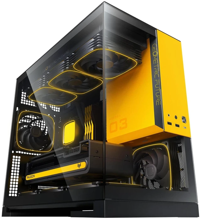 Main image of Geometric Future Model 3 Panoramic Tempered Glass Dual Chamber Micro-ATX Tower PC Case, 5 Pre-Installed 120mm x 30mm PWM ARGB Fans, USB Type-C, 360mm Radiator Support, Black/Yellow, GEO-M3F-BY