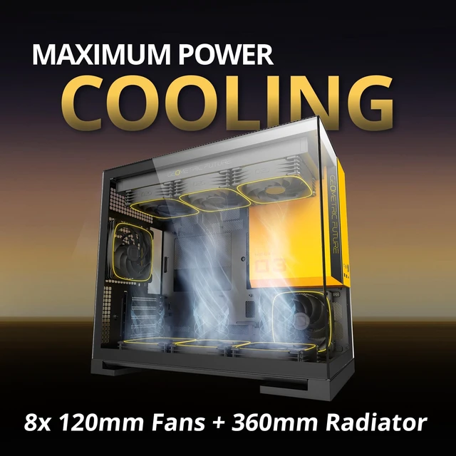 Alt view image 3 of 5 - Geometric Future Model 3 Panoramic Tempered Glass Dual Chamber Micro-ATX Tower PC Case, 5 Pre-Installed 120mm x 30mm PWM ARGB Fans, USB Type-C, 360mm Radiator Support, Black/Yellow, GEO-M3F-BY