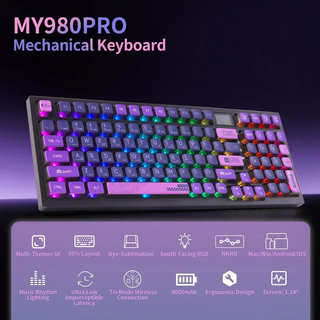 Alt view image 2 of 5 - MY980pro Wireless Mechanical Gaming Keyboard with Smart LCD Display, QMK/VIA Programmable for Windows Only, BT/2.4G/USB-C Gasket Mounted Hot Swap RGB 98% Layout for Mac/ Win (Gaming & Daily Wor