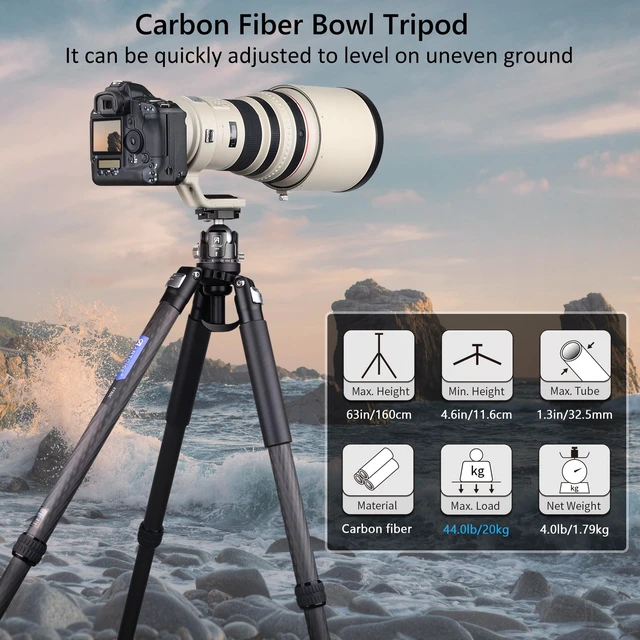 Alt view image 2 of 5 - ARTCISE ET80C Carbon Fiber Tripod, 32mm Tube Heavy Duty Camera Tripod with 65mm Bowl Adapter, Max Load 44lbs/20kg, 63in Height for Telephoto Lens(Free Stone Bag+Magic Arm+Phone Clip)