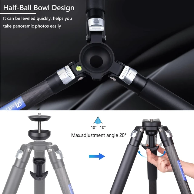 Alt view image 3 of 5 - ARTCISE ET80C Carbon Fiber Tripod, 32mm Tube Heavy Duty Camera Tripod with 65mm Bowl Adapter, Max Load 44lbs/20kg, 63in Height for Telephoto Lens(Free Stone Bag+Magic Arm+Phone Clip)