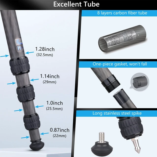 Alt view image 5 of 5 - ARTCISE ET80C Carbon Fiber Tripod, 32mm Tube Heavy Duty Camera Tripod with 65mm Bowl Adapter, Max Load 44lbs/20kg, 63in Height for Telephoto Lens(Free Stone Bag+Magic Arm+Phone Clip)