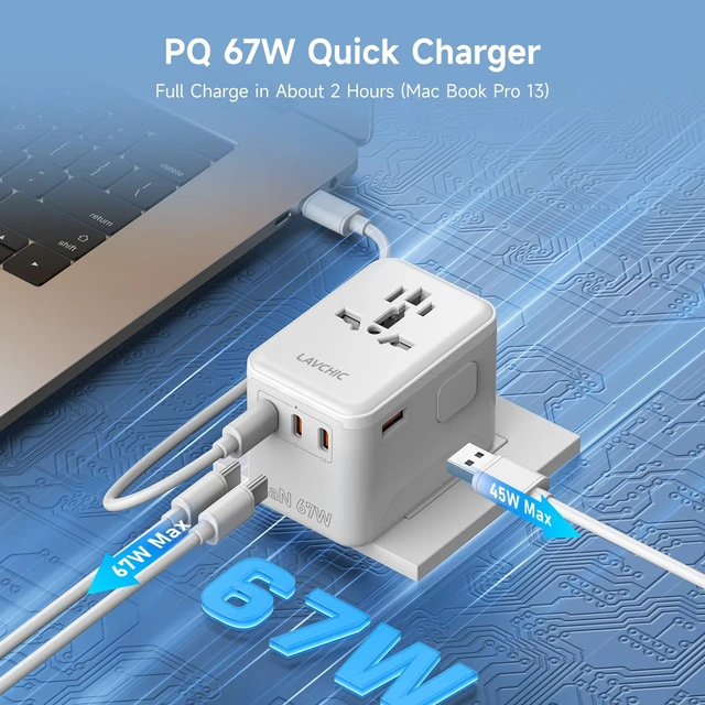Alt view image 3 of 5 - LAVCHIC 67W GaN Universal Travel Adapter 5-in-1 International Power Adapter