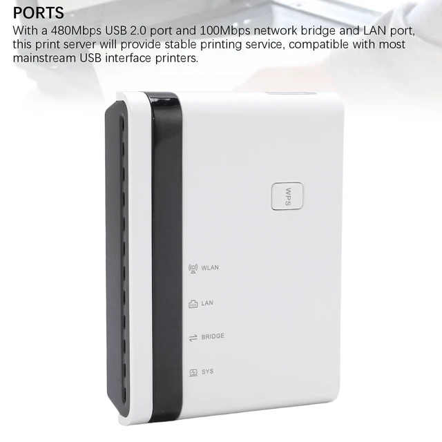 Alt view image 5 of 5 - Cuifati USB Print Server, Wireless Ethernet LAN Bridge, Support 4 Printers, Plug and Play, with 480Mbps USB 2.0 Port and 100Mbps Network, for 7 8 10 11 OS X (US Plug)