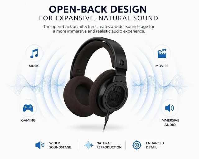 Alt view image 4 of 5 - PHILIPS Open-Back Stereo Headphones, 50mm Neodymium Drivers, Hi-Fi Studio Monitor Headphones with Wide Soundstage, Over-Ear Audiophile Professional Grade, for Music, Podcasts & Home Listening