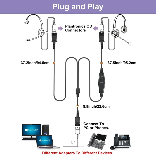 Alt view image 4 of 5 - Weatwo Training Y Splitter for All Plantronics QD Headphone Adapter Cable