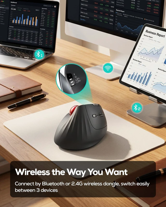 Alt view image 5 of 5 - Nulea M506 Wireless Trackball Mouse, 54 Vertical Ergonomic Thumb Control