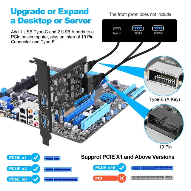 Alt view image 2 of 5 - 6-Ports USB 3.0 PCIe Card (2X USB A-2X Type-C), with 19 Pin/Type E(A-Key)