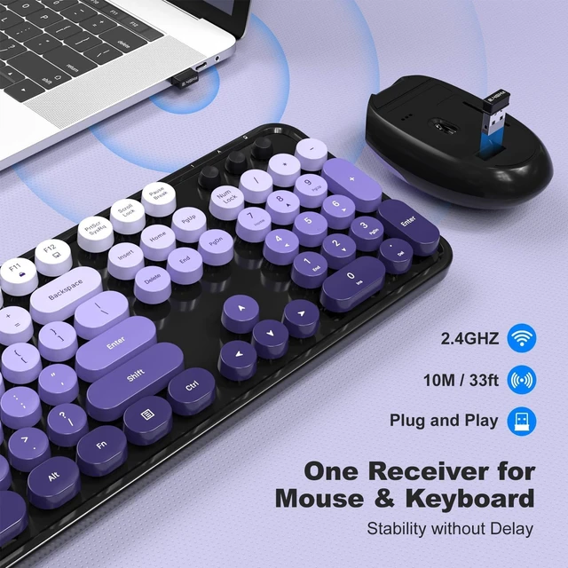 Alt view image 2 of 5 - Wireless Keyboards and Mouse Combos, SQMD Colorful Typewriter Keyboard with Round Keycaps, 2.4GHz USB Retro Wireless Keyboard Mouse for PC, Desktop, Laptop and Computer-Purple