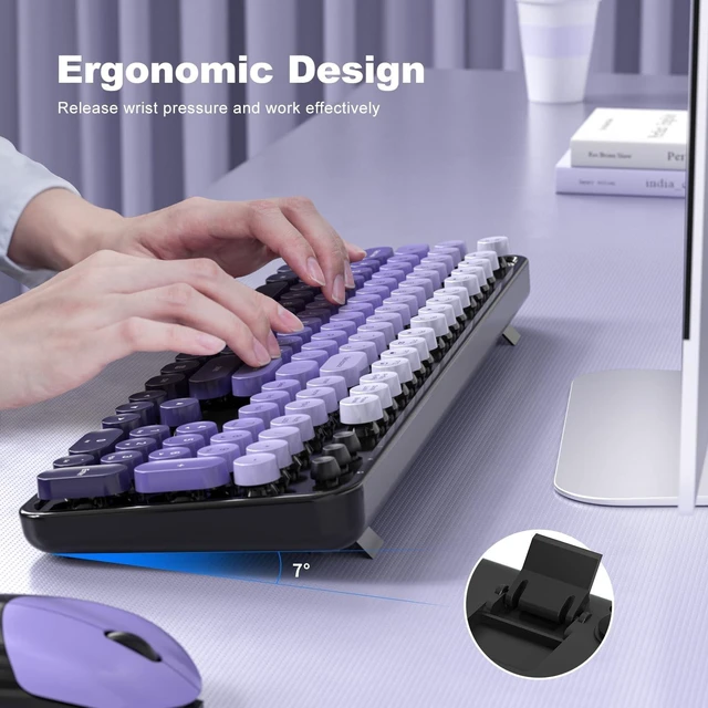 Alt view image 3 of 5 - Wireless Keyboards and Mouse Combos, SQMD Colorful Typewriter Keyboard with Round Keycaps, 2.4GHz USB Retro Wireless Keyboard Mouse for PC, Desktop, Laptop and Computer-Purple