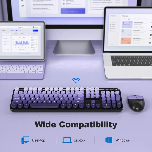 Alt view image 4 of 5 - Wireless Keyboards and Mouse Combos, SQMD Colorful Typewriter Keyboard with Round Keycaps, 2.4GHz USB Retro Wireless Keyboard Mouse for PC, Desktop, Laptop and Computer-Purple